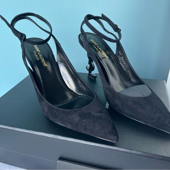 NEW | SAINT LAURENT Opyum Suede Pointed Toe Black Sling Back Heels sz. 37.5 - Picture 3 of 10